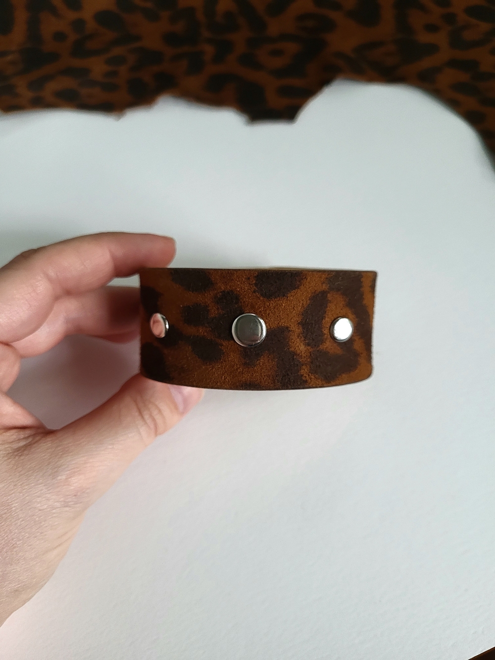 Leopard Print Suede Rivet Cuff Bracelet - Brown
